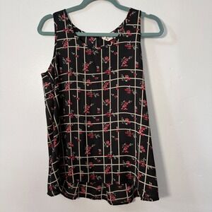 Everleigh Womens Small Black Floral Grid Sleeveless Blouse High Low BE-15986RK
